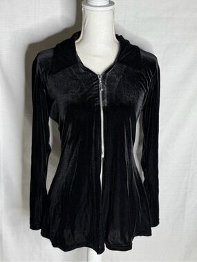 Vintage Luly K  Women’s V Neck Mid Zip Up Bell Sleeve Medium Velvet Top Y2K